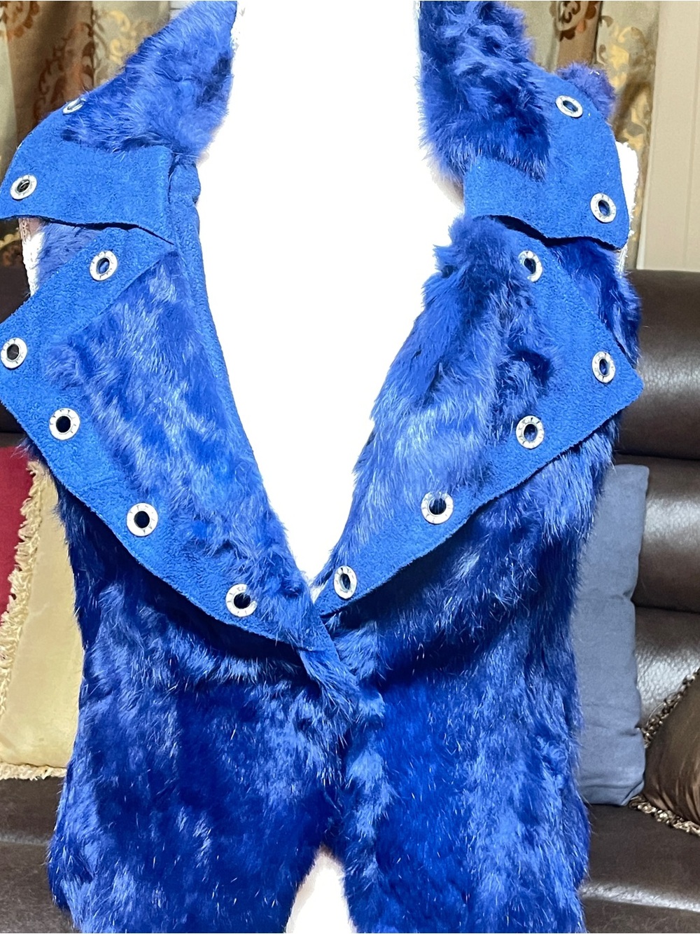 So Style Royal Blue Faux Fur Vest with Grommet Trim size S/M